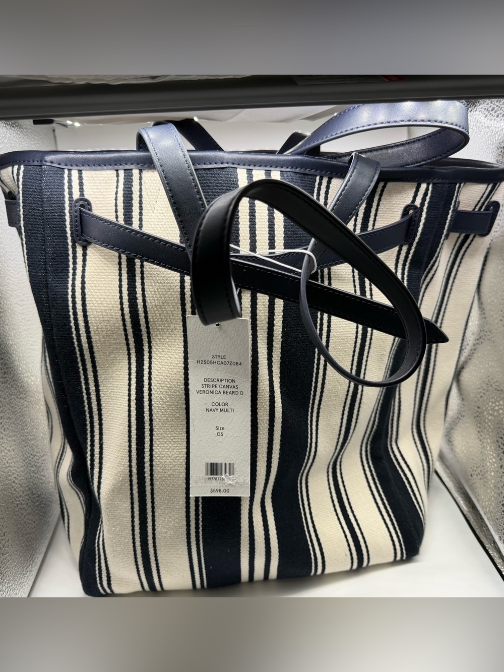 Veronica Beard Navy & Cream Dash Striped Canvas Tote with Leather Trim. NEW!